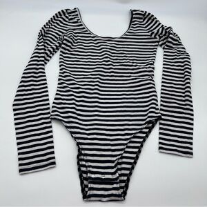 Hollister Women’s Black and White Striped Long Sleeve Round Neck Bodysuit-Size S